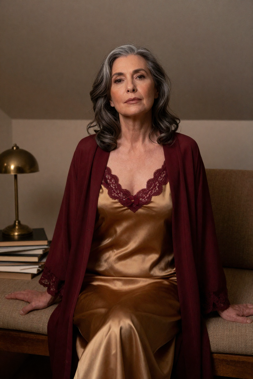 Boudoir portrait of a fictional 47-year-old woman with dark hair heavily streaked with silver, worn loose